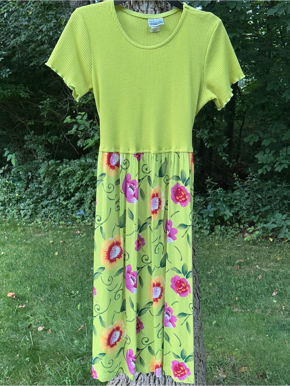 Vintage 90s Basic Editions Lime Green Waffle Knit Floral Midi Dress